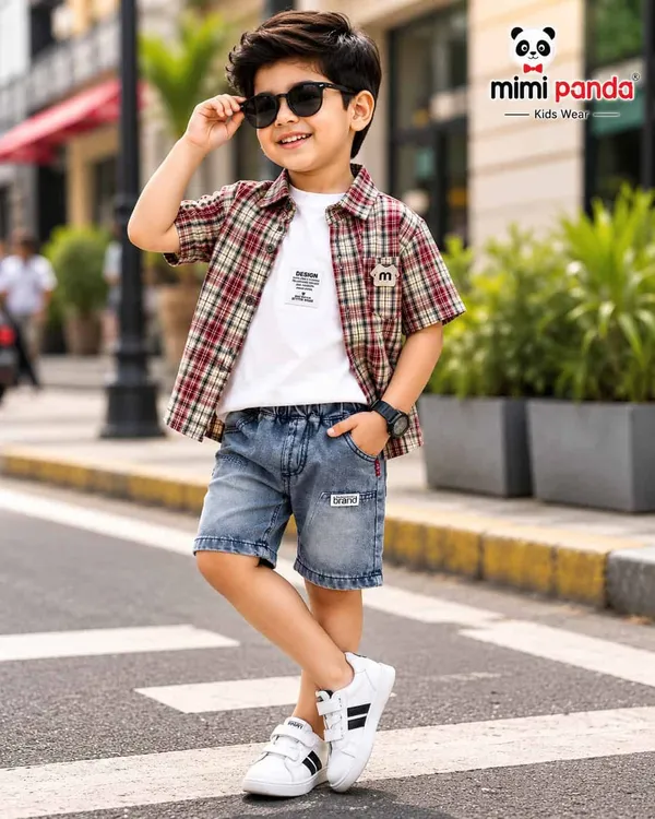 Brown_Cotton_Blend_Plaid_Denim_3_Piece_Co_Ord_Set_For_Boys