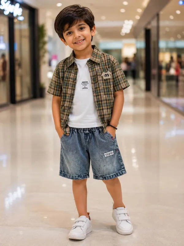 Brown_Cotton_Blend_Plaid_Denim_3_Piece_Co_Ord_Set_For_Boys