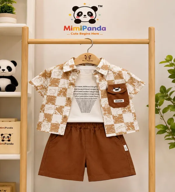 Brown_Cotton_Blend_Check_Print_3_Piece_Summer_Co_Ord_Set_For_Boys