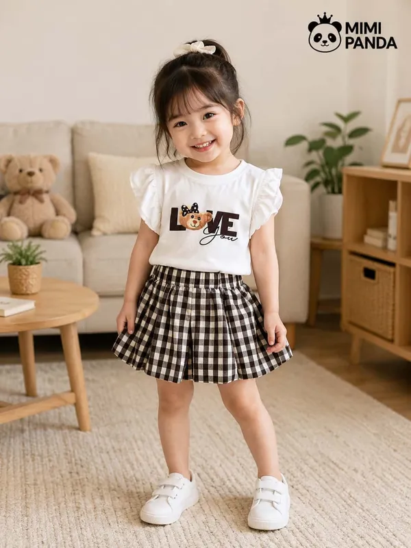 White_Cotton_Relaxed_Fit_Teddy_Print_Top_Gingham_Shorts_Co_Ord_Set_For_Girls