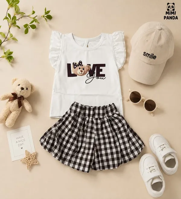 White_Cotton_Relaxed_Fit_Teddy_Print_Top_Gingham_Shorts_Co_Ord_Set_For_Girls