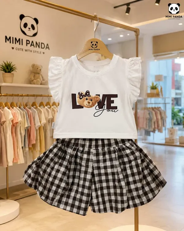 White_Cotton_Relaxed_Fit_Teddy_Print_Top_Gingham_Shorts_Co_Ord_Set_For_Girls