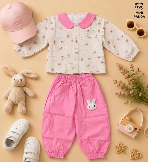 Pink_Cotton_Blend_Bunny_Print_Shirt_Jogger_Pants_Co_Ord_Set_For_Girls