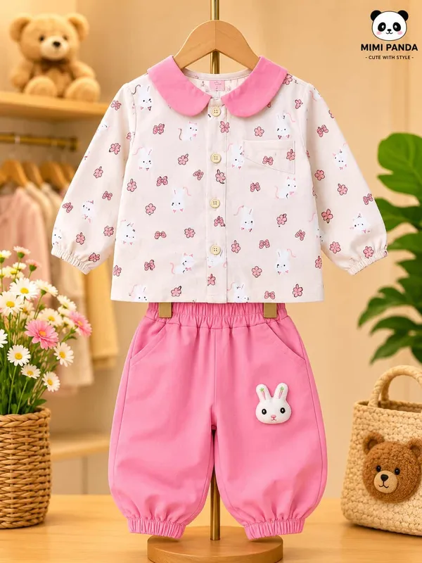 Pink_Cotton_Blend_Bunny_Print_Shirt_Jogger_Pants_Co_Ord_Set_For_Girls