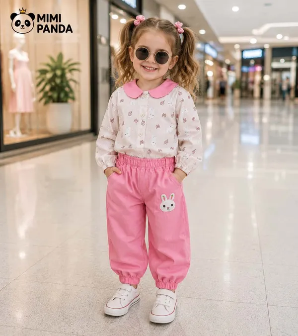 Pink_Cotton_Blend_Bunny_Print_Shirt_Jogger_Pants_Co_Ord_Set_For_Girls