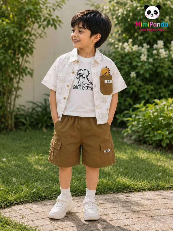 White_Cotton_Blend_Relaxed_Fit_Dino_Print_3_Piece_Co_Ord_Set_For_Boys