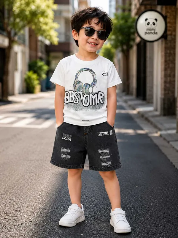 White_Cotton_Blend_Relaxed_Fit_Headphone_Print_Denim_Co_Ord_Set_For_Boys