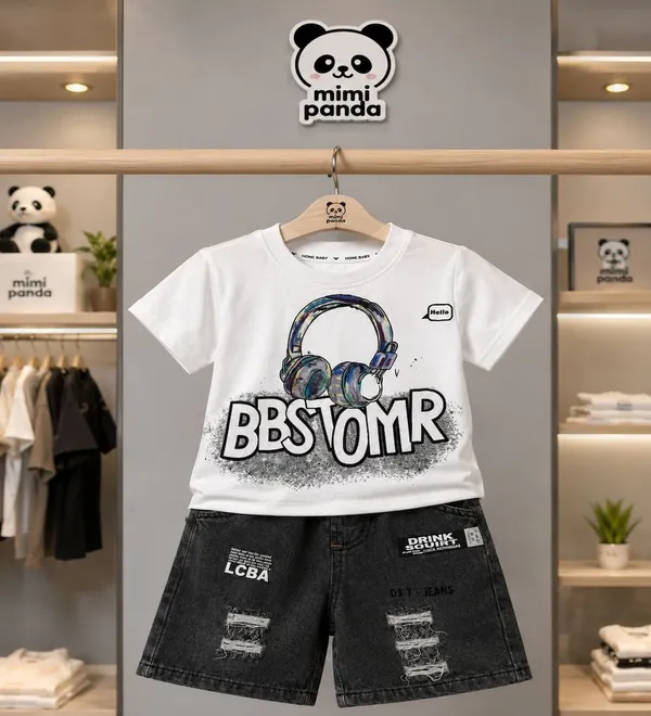 White_Cotton_Blend_Relaxed_Fit_Headphone_Print_Denim_Co_Ord_Set_For_Boys