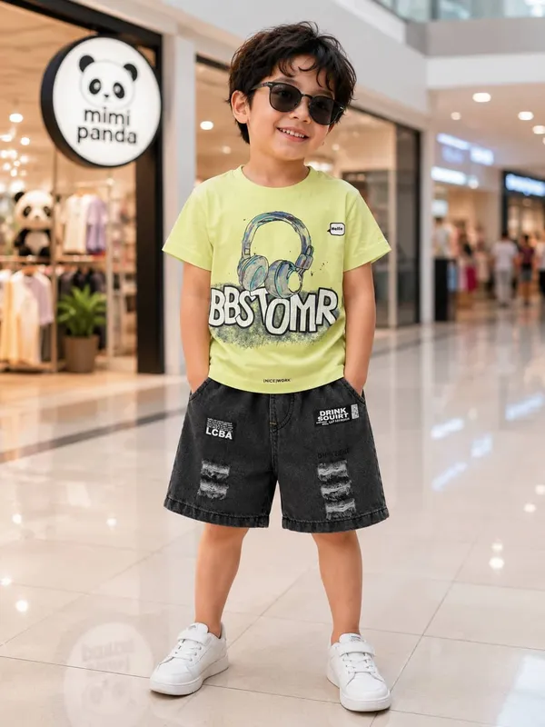 White_Cotton_Blend_Relaxed_Fit_Headphone_Print_Denim_Co_Ord_Set_For_Boys