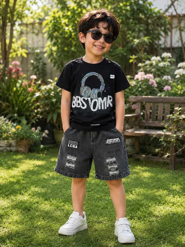 White_Cotton_Blend_Relaxed_Fit_Headphone_Print_Denim_Co_Ord_Set_For_Boys