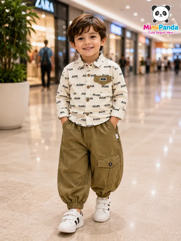 White_And_Olive_Cotton_Relaxed_Fit_Printed_Shirt_Cargo_Co_Ord_Set_For_Boys