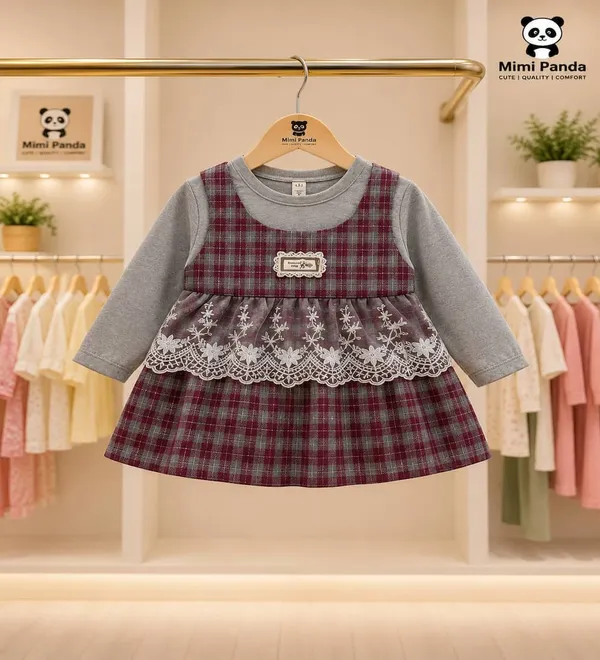 Brown_Cotton_Full_Sleeve_Plaid_Lace_Princess_Party_Dress_For_Girls