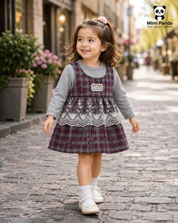 Brown_Cotton_Full_Sleeve_Plaid_Lace_Princess_Party_Dress_For_Girls