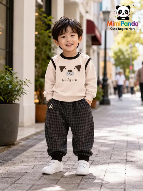 Beige_Cotton_Checks_Puppy_Print_Winter_Co_Ord_Set_For_Boys