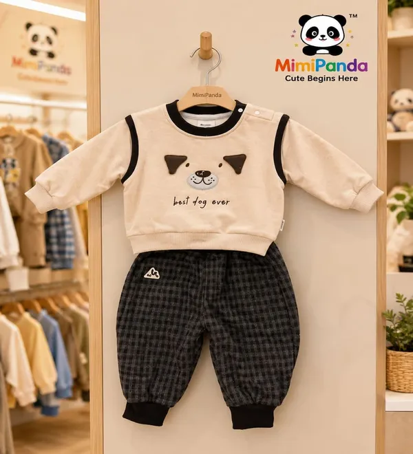 Beige_Cotton_Checks_Puppy_Print_Winter_Co_Ord_Set_For_Boys