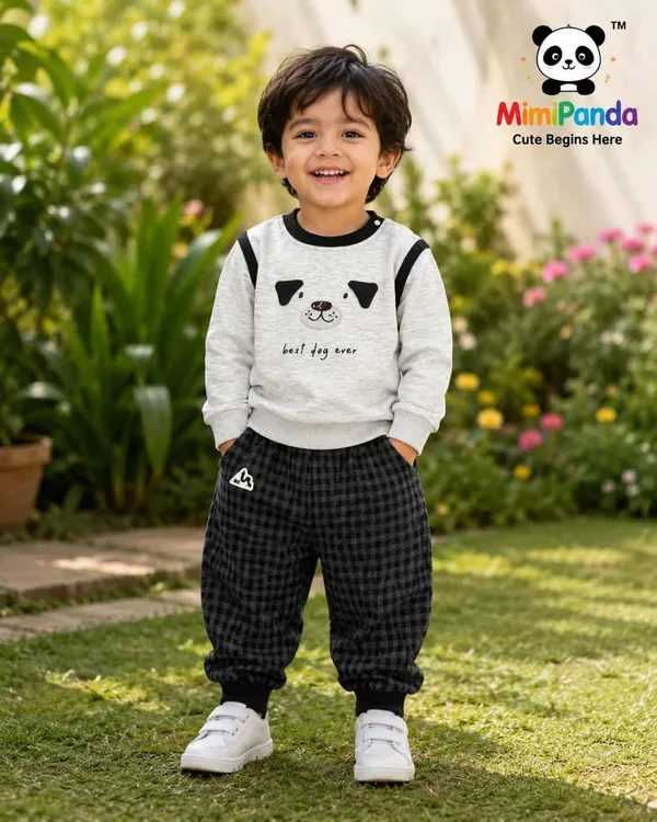 Beige_Cotton_Checks_Puppy_Print_Winter_Co_Ord_Set_For_Boys