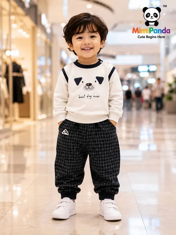 Beige_Cotton_Checks_Puppy_Print_Winter_Co_Ord_Set_For_Boys