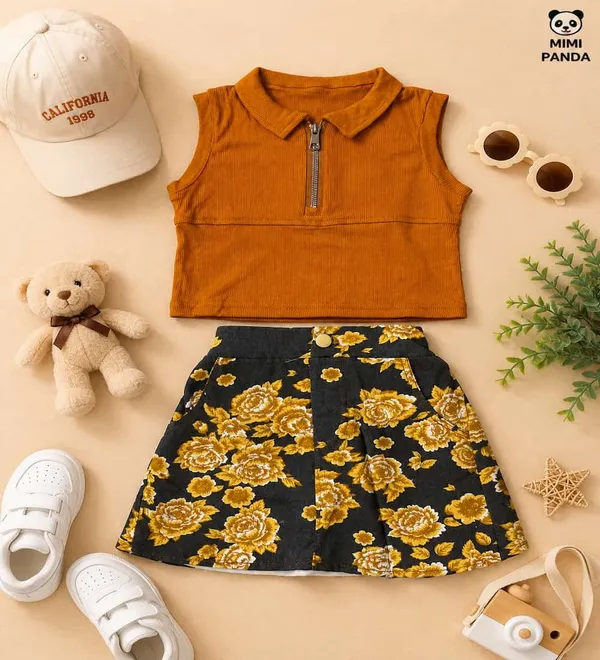 Mustard_Cotton_Regular_Ribbed_Collar_Top_Floral_Skort_Co_Ord_Set_For_Girls