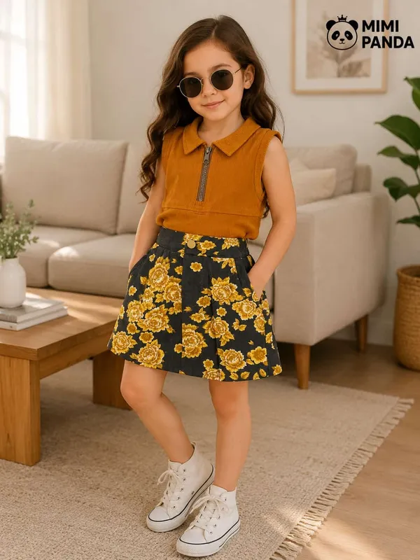 Mustard_Cotton_Regular_Ribbed_Collar_Top_Floral_Skort_Co_Ord_Set_For_Girls