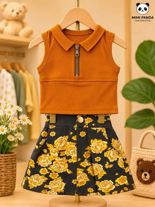 Mustard_Cotton_Regular_Ribbed_Collar_Top_Floral_Skort_Co_Ord_Set_For_Girls