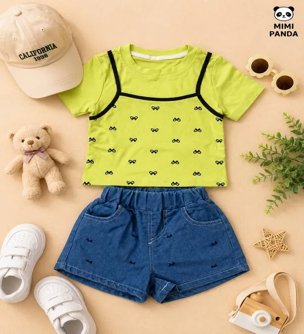 Yellow_Cotton_Relaxed_Fit_Printed_Top_Denim_Shorts_Co_Ord_Set_For_Girls
