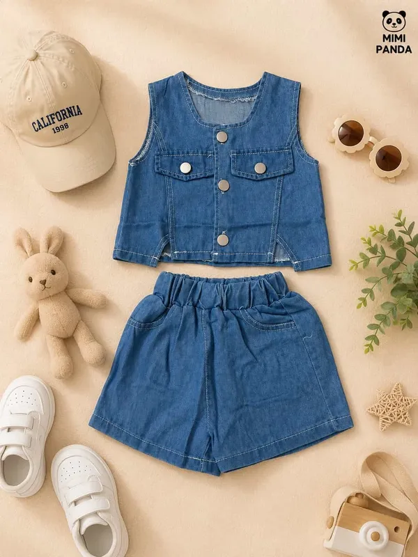 Blue_Denim_Relaxed_Fit_Waistcoat_Shorts_Co_Ord_Set_For_Girls