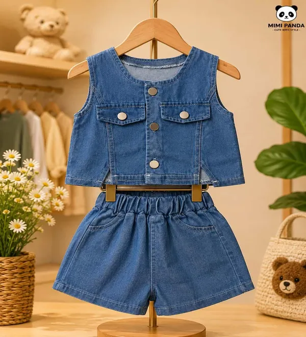 Blue_Denim_Relaxed_Fit_Waistcoat_Shorts_Co_Ord_Set_For_Girls
