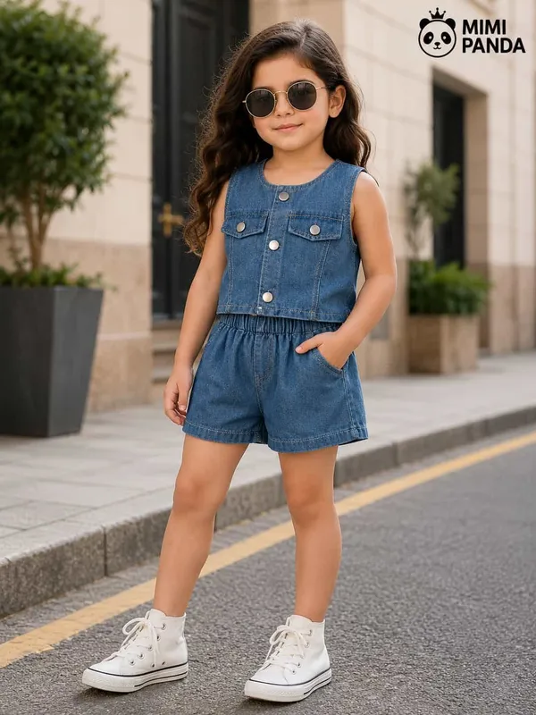 Blue_Denim_Relaxed_Fit_Waistcoat_Shorts_Co_Ord_Set_For_Girls