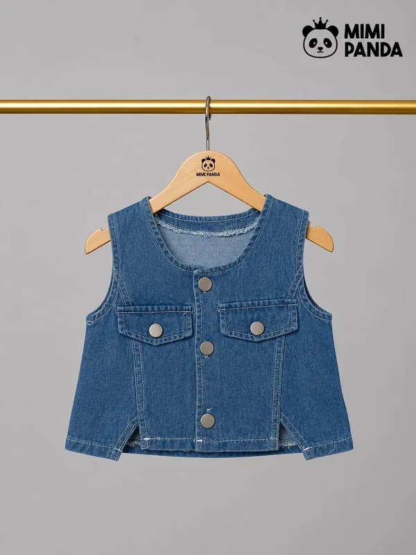 Blue_Denim_Relaxed_Fit_Waistcoat_Shorts_Co_Ord_Set_For_Girls