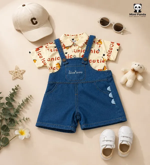 Blue_Cotton_Printed_Shirt_Denim_Dungaree_Set_For_Girls