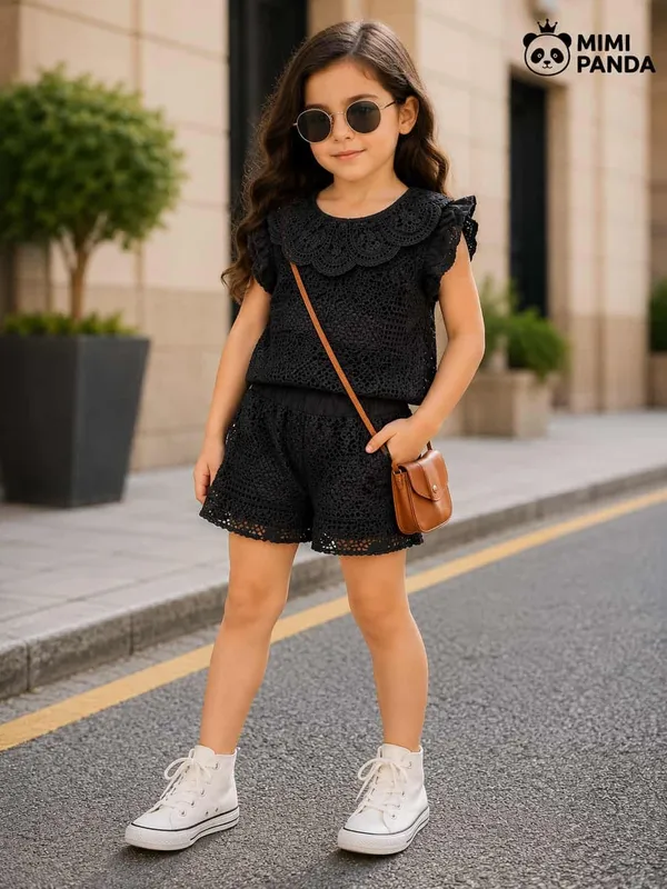 Black_Cotton_Blend_Crochet_Lace_Top_Shorts_Co_Ord_Set_For_Girls