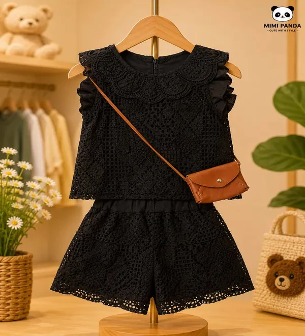 Black_Cotton_Blend_Crochet_Lace_Top_Shorts_Co_Ord_Set_For_Girls