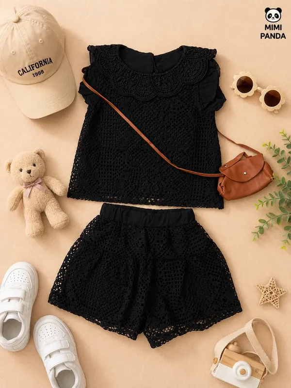 Black_Cotton_Blend_Crochet_Lace_Top_Shorts_Co_Ord_Set_For_Girls