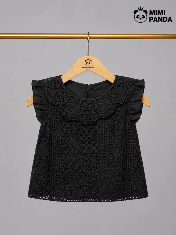 Black_Cotton_Blend_Crochet_Lace_Top_Shorts_Co_Ord_Set_For_Girls