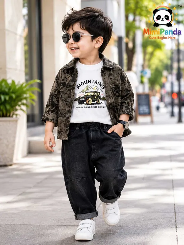 White_Green_Cotton_Blend_Printed_3_Piece_Denim_Co_Ord_Set_For_Boys