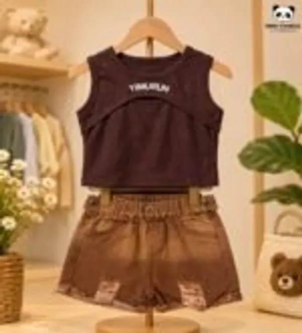 Brown_Cotton_Blend_Ribbed_Tank_Top_Denim_Shorts_Co_Ord_Set_For_Girls