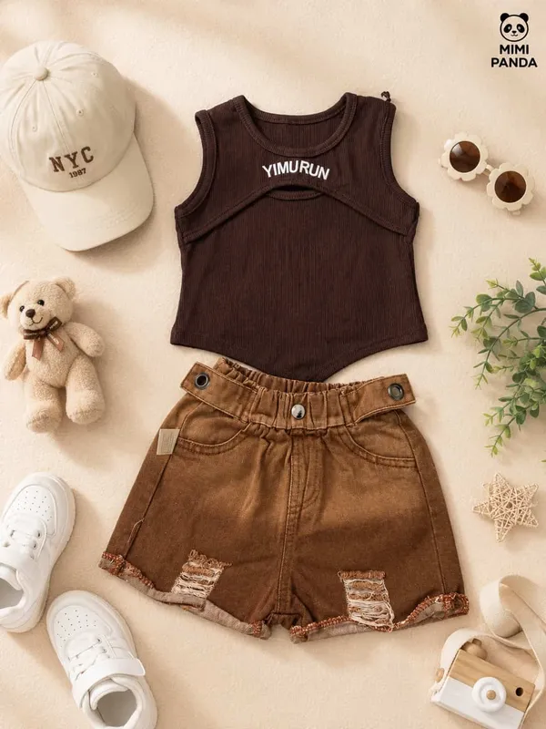Brown_Cotton_Blend_Ribbed_Tank_Top_Denim_Shorts_Co_Ord_Set_For_Girls