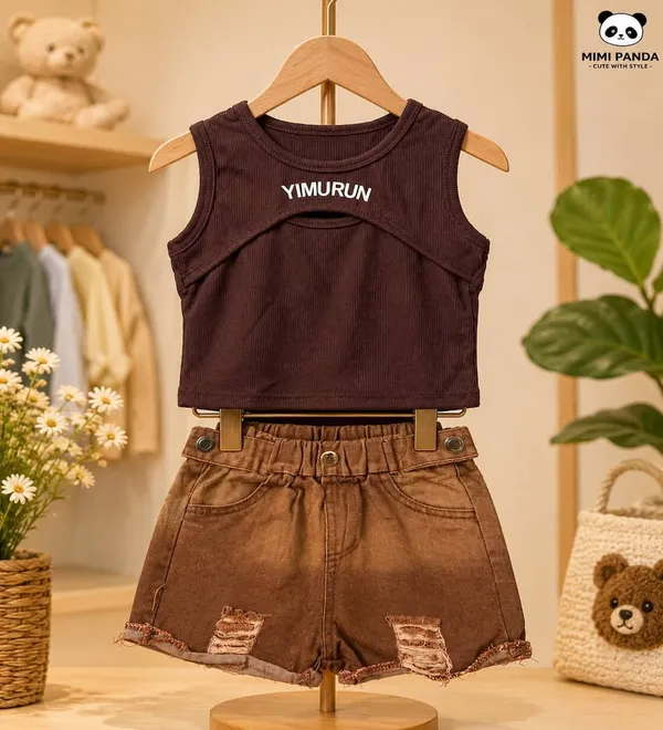 Brown_Cotton_Blend_Ribbed_Tank_Top_Denim_Shorts_Co_Ord_Set_For_Girls