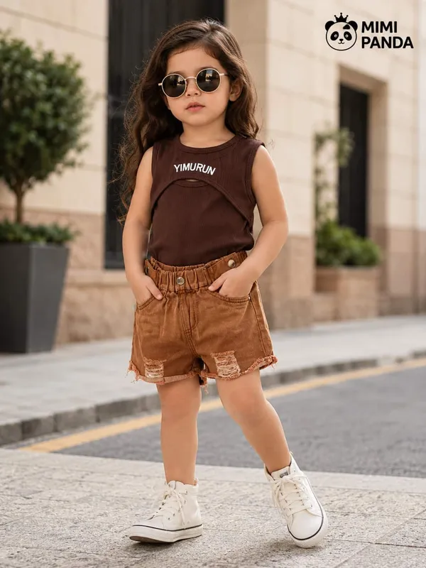 Brown_Cotton_Blend_Ribbed_Tank_Top_Denim_Shorts_Co_Ord_Set_For_Girls