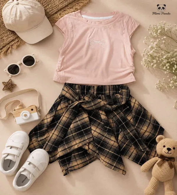 Pink_Cotton_Blend_Bow_Tee_Plaid_Tie_Waist_Skirt_Co_Ord_Set_For_Girls