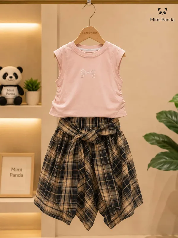 Pink_Cotton_Blend_Bow_Tee_Plaid_Tie_Waist_Skirt_Co_Ord_Set_For_Girls