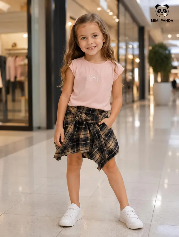 Pink_Cotton_Blend_Bow_Tee_Plaid_Tie_Waist_Skirt_Co_Ord_Set_For_Girls