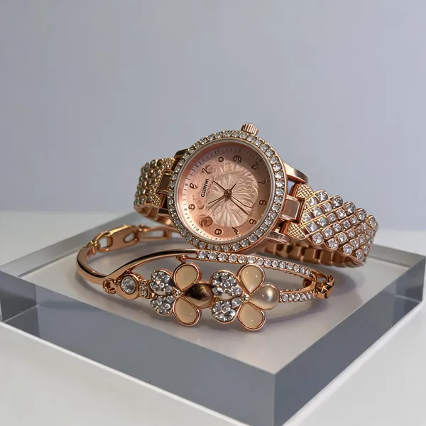 Gold_Stainless_Steel_Stone_Embellished_Watch_And_Bracelet_Set_For_Women