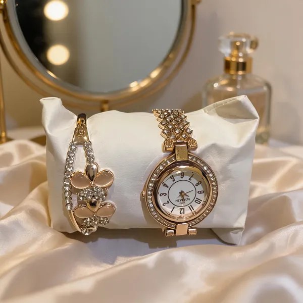Gold_Stainless_Steel_Crystal_Bracelet_Watch_And_Bracelet_Set_For_Women