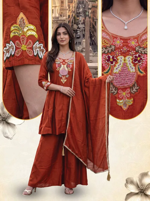 Rust_Embroidered_Kurta_Set_For_Women