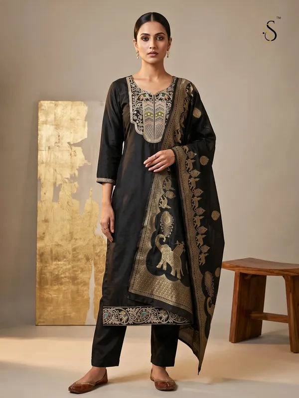 Black_Embroidered_Straight_Kurta_Set_For_Women