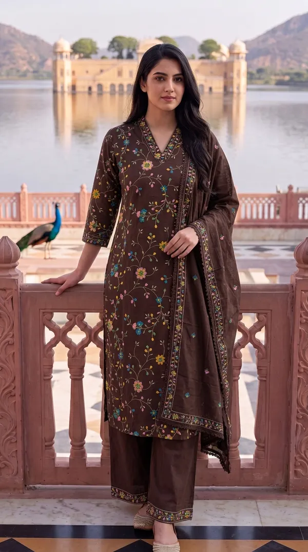 Brown_Floral_Kurta_Set_With_Dupatta_for_Women