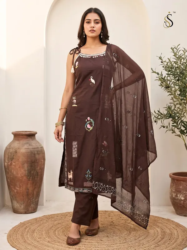 Brown_Embroidered_Kurta_Set_With_Dupatta_For_Women