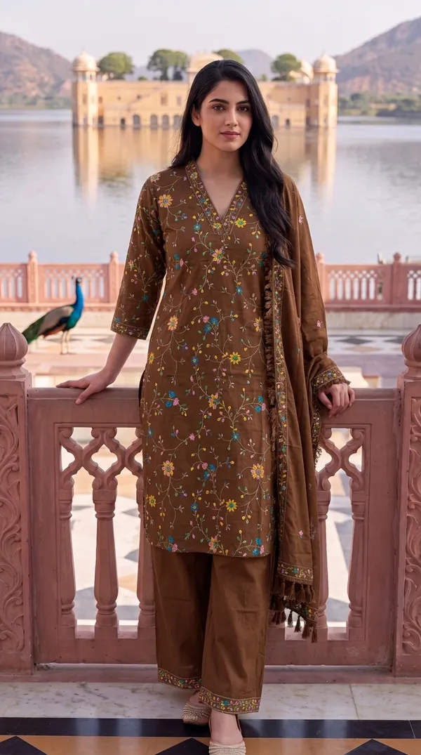 Brown_Floral_Print_Kurta_Set_For_Women