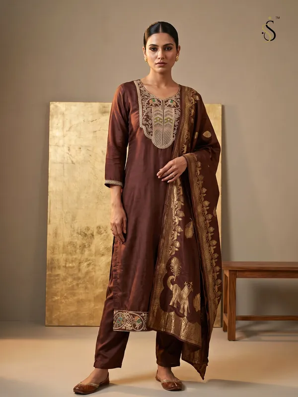 Brown_Embroidered_Straight_Kurta_Set_for_Women